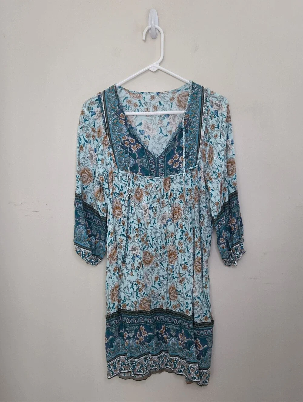 Women's Teal Floral Print 3/4 Sleeve Boho Dress Sz Small